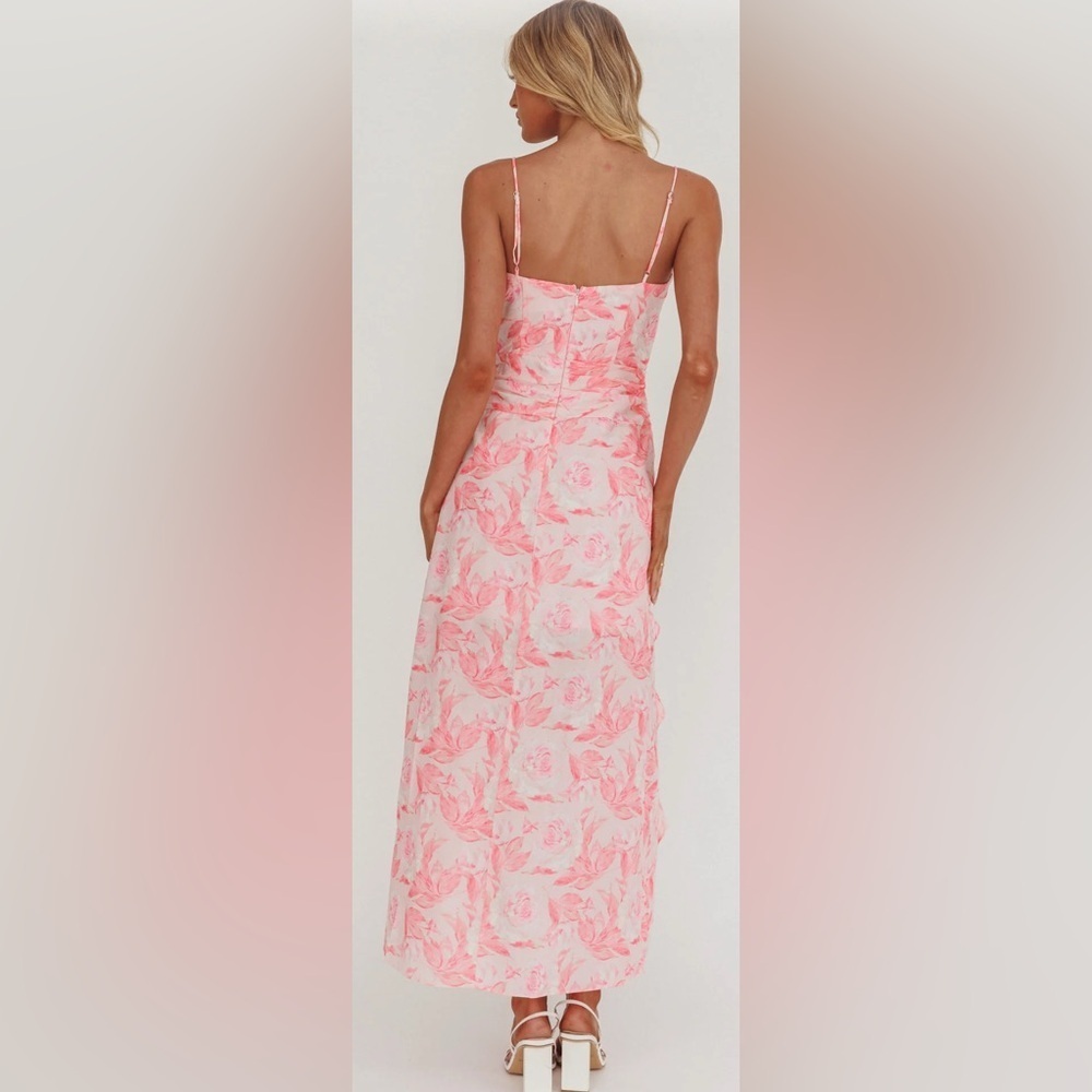 NWT SELFIE LESLIE Serif Ruffle Trim Split Maxi Dress Pink Various Sizes - Picture 3 of 14